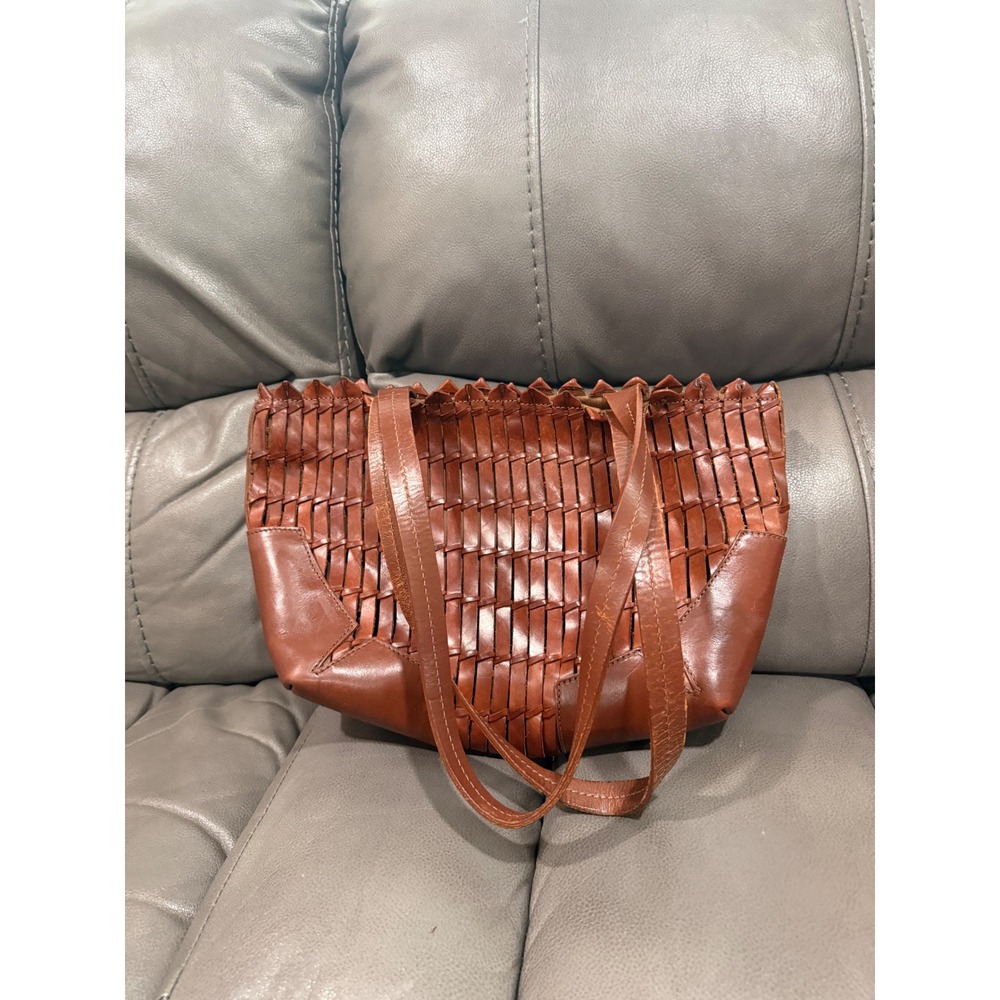 Ellepi Handmade Italy Brown Leather Woven Basketweave Tote Shoulder Bag Cognac